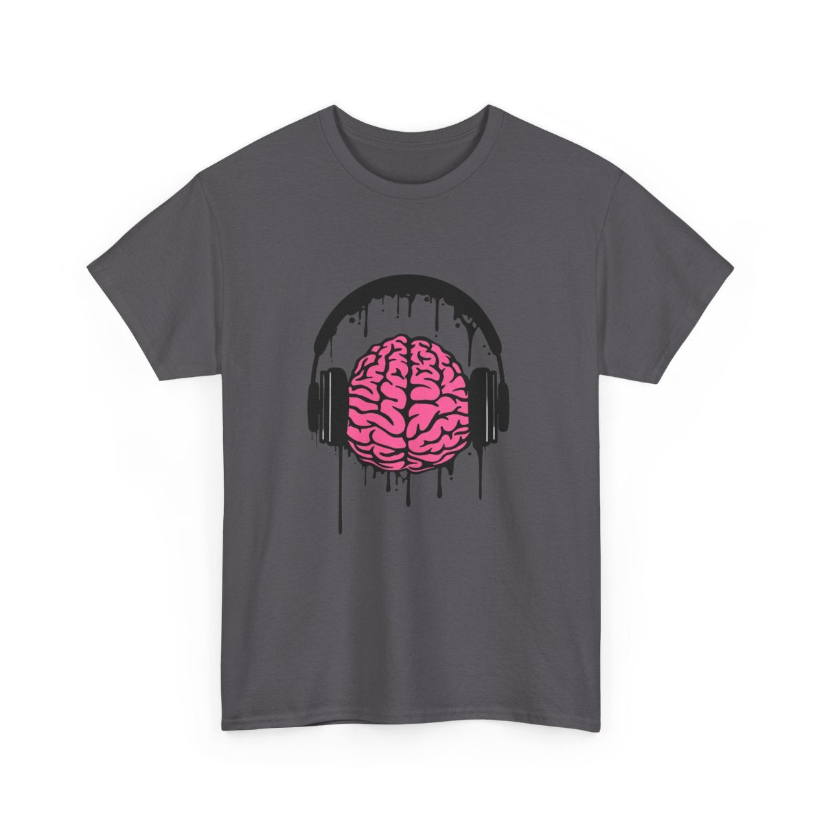 Music Lover Dripping Brain T-Shirt in Charcoal with a pink brain wearing black dripping headphones.