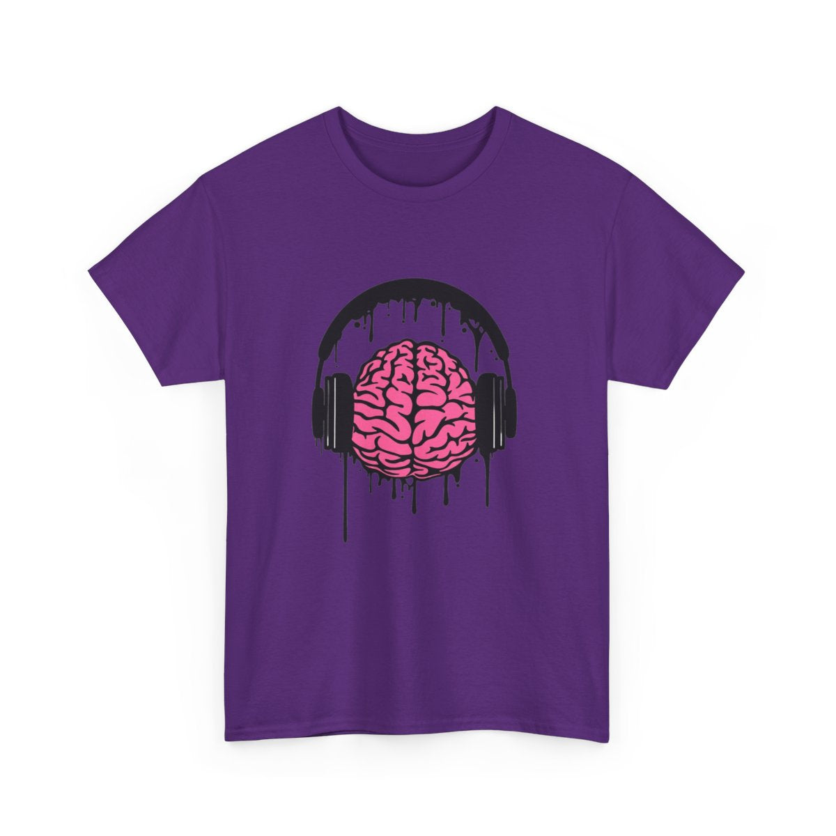 Music Lover Dripping Brain T-Shirt in Purple with a pink brain wearing black dripping headphones.