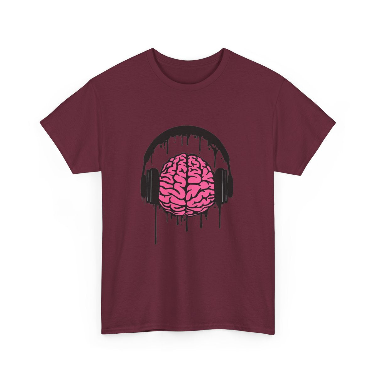 Music Lover Dripping Brain T-Shirt in Maroon with a pink brain wearing black dripping headphones.