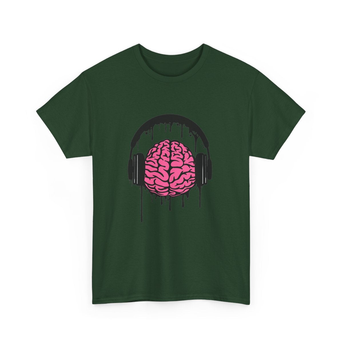 Music Lover Dripping Brain T-Shirt in Forest Green with a pink brain wearing black dripping headphones.