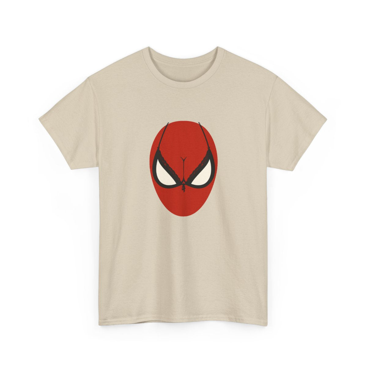 Spider Brassière T-Shirt in Sand with a red superhero mask and black bra-shaped eye outlines.
