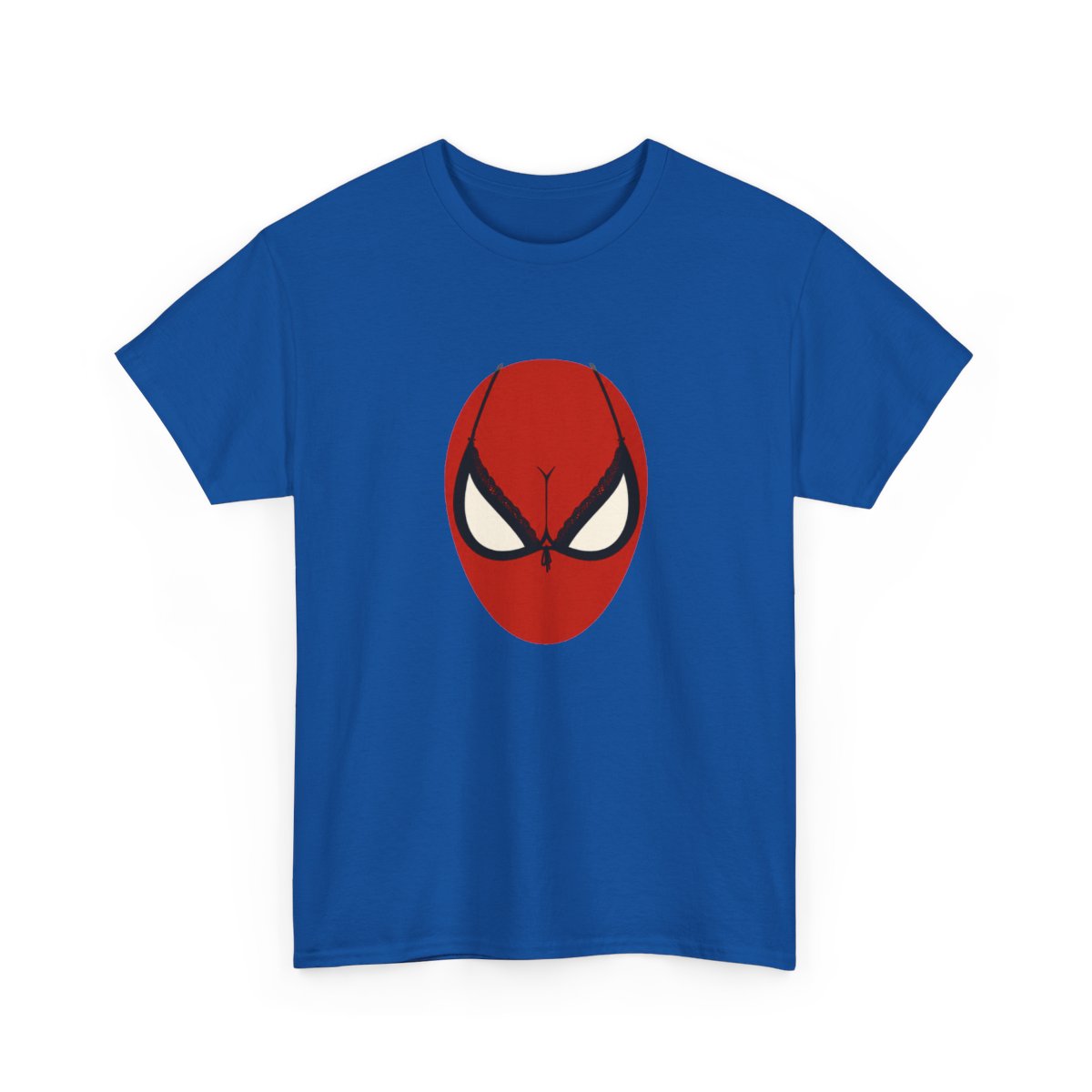 Spider Brassière T-Shirt in Royal with a red superhero mask and black bra-shaped eye outlines.