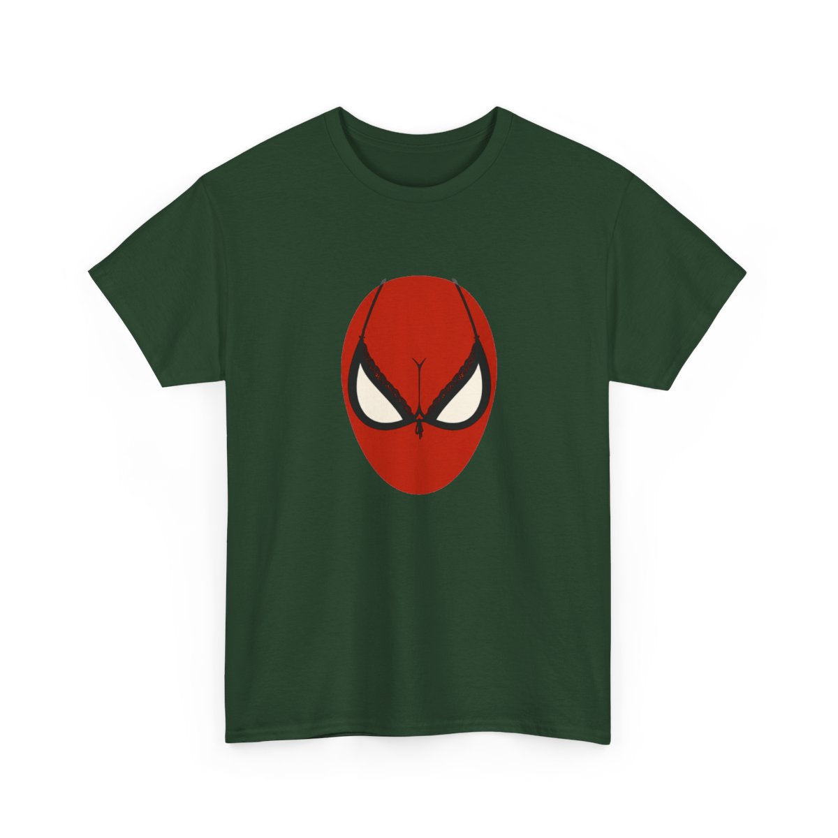 Spider Brassière T-Shirt in Forest Green with a red superhero mask and black bra-shaped eye outlines.