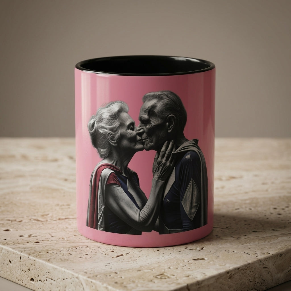 Elderly Superhero Couple Mug – elderly superhero couple kiss pop art mug, close-up 5